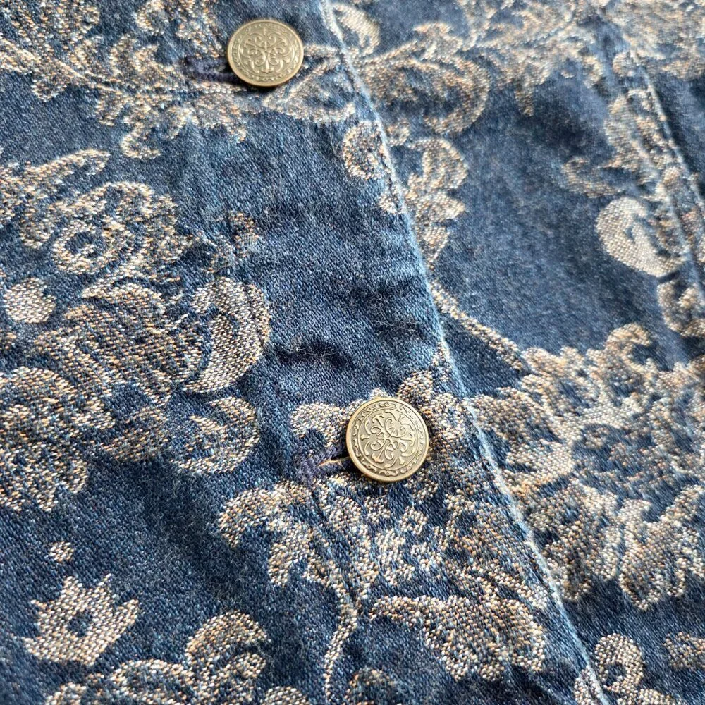 Y2K Floral Tapestry Denim Jacket Size 12 Blue‎ Boho Hippie Indie Western Vintage